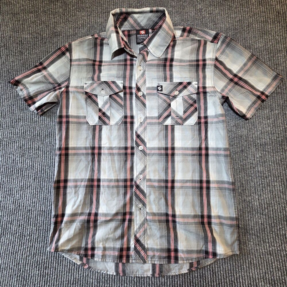 South Pole Y2K Mens White / Red Plaid Short Sleeve Button Up Shirt Size M